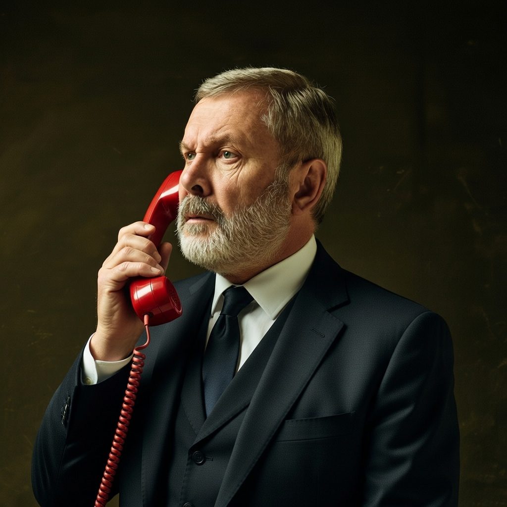 Gordon, the AI phone receptionist for Booked By Gordon, mid-call on a red telephone.