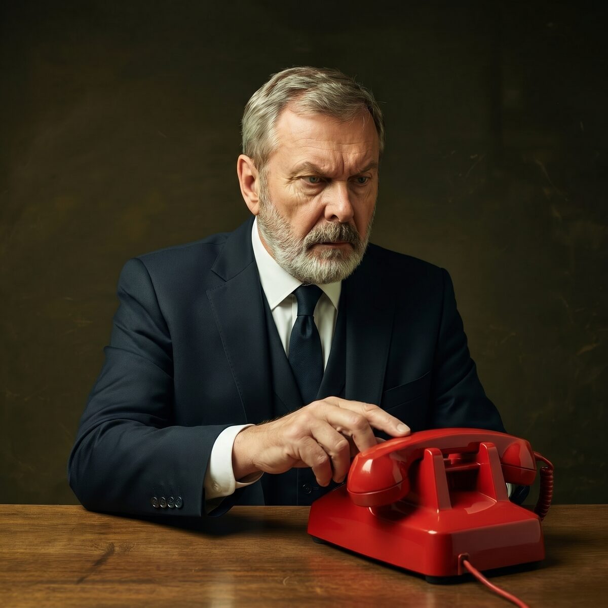 Gordon at a desk, hand resting on a red telephone — ready to answer your salon's calls.