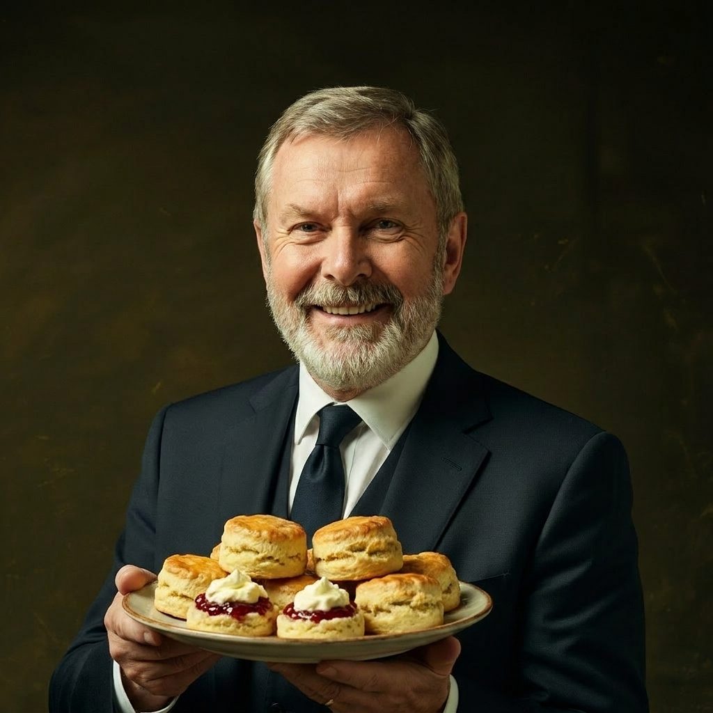 Gordon smiling, holding a plate of scones with jam and cream — a bit of class for the clients on the other end of the line.